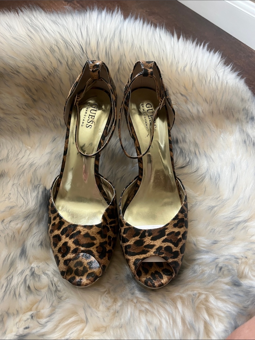 NEW! GUESS Leopard Print Peep-Toe Ankle-Strap Heels — Brown/Black